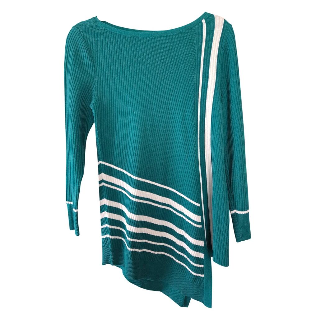 Chico's NWT Green Striped Cable Knit Sweater Asymmetrical Resortwear Streetwear